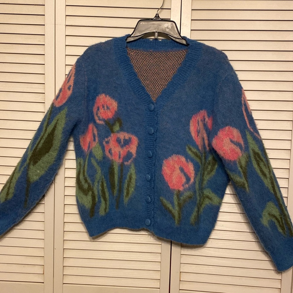 Cider Floral Cardigan Knit Wool Blend Sweater  Size S